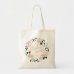 Romantic garden floral wreath bridesmaid tote bag<br><div class="desc">Modern bridesmaid script with watercolor peach floral and botanical greenery wreath,  cute personalized Bridesmaid tote bags for bridal party gifts.</div>