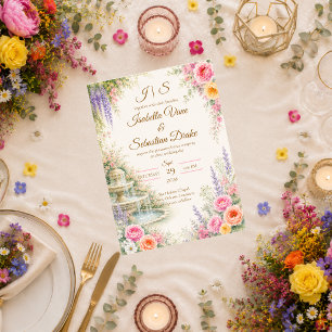 Romantic Garden Fountain Bloom Wedding Invitation