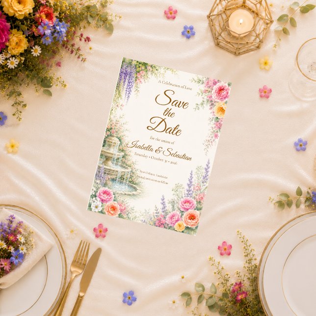 Romantic Garden Fountain Bloom Wedding Save The Date (Creator Uploaded)