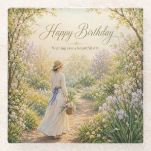 Romantic Garden Path Birthday Glass Coaster