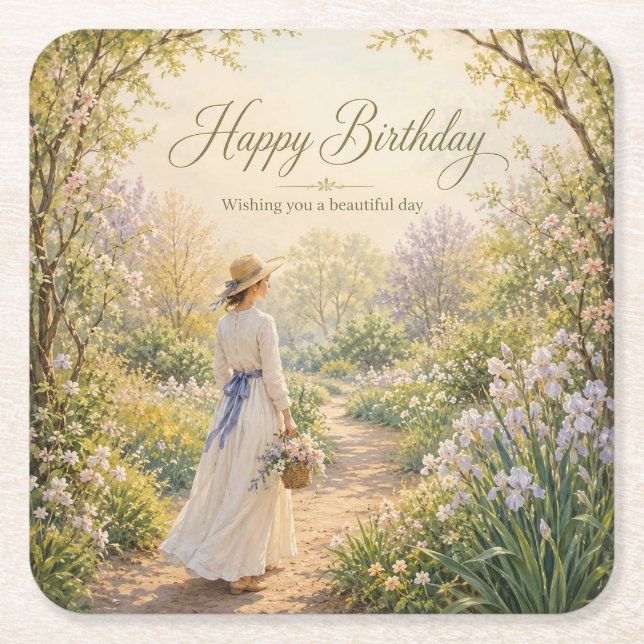 Romantic Garden Path Birthday Square Paper Coaster (Front)