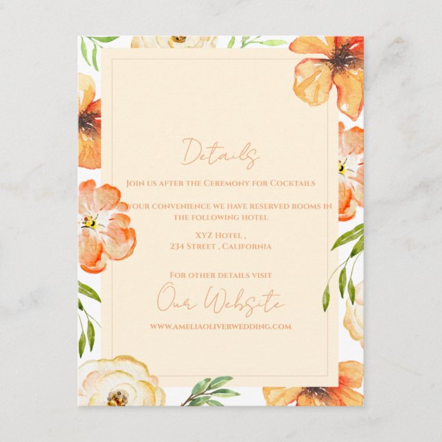 Romantic Garden Peach Floral Wedding Information Enclosure Card (Front)