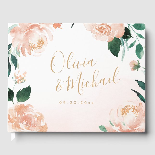 Romantic garden peach watercolor floral wedding guest book (Front)
