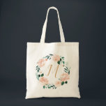 Romantic garden watercolor floral wreath monogram tote bag<br><div class="desc">Modern watercolor peach floral and botanical greenery with monogram,  elegant and romantic,   great personalized bridal party gifts.</div>