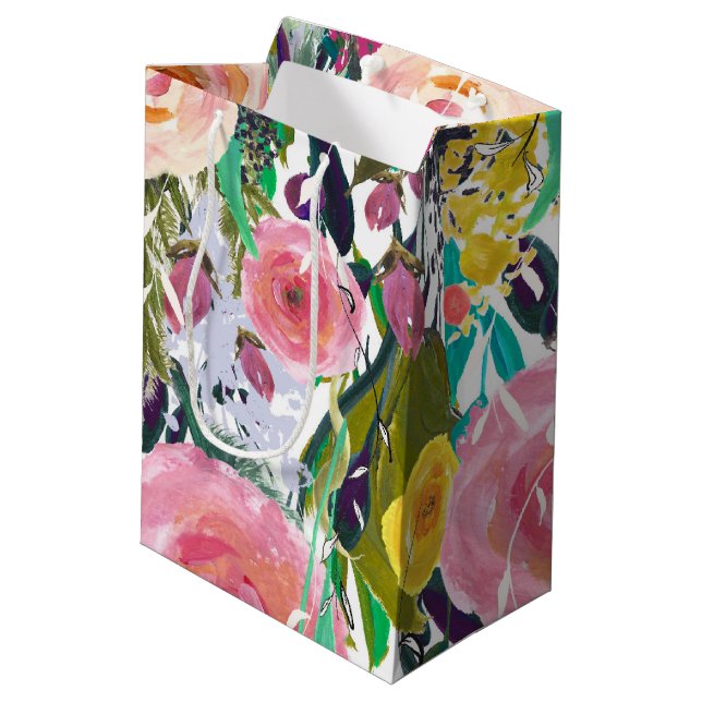Romantic Garden Watercolor Flowers Medium Gift Bag (Back Angled)