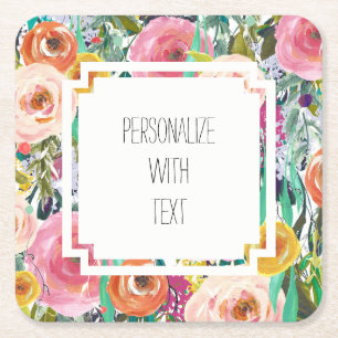 Romantic Garden Watercolor Flowers Square Paper Coaster