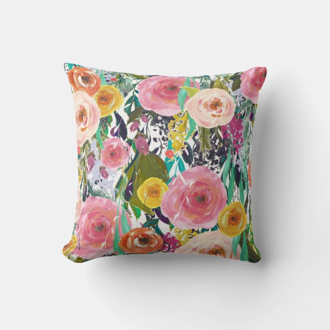 Romantic Garden Watercolor Flowers Throw Pillow (Front)