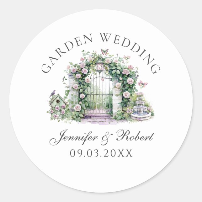 Romantic Garden Wedding Floral Arch Fountain Classic Round Sticker (Front)