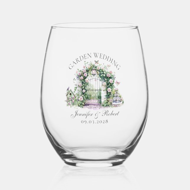 Romantic Garden Wedding Floral Arch Fountain Stemless Wine Glass (Front)