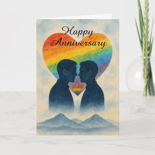 Romantic Gay Couple Anniversary Rainbow Heart Love Card (Front)