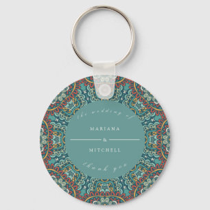 Romantic Geometric Mandala soft blue grey and red Keychain