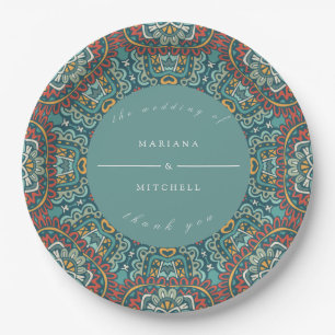 Romantic Geometric Mandala soft blue grey and red Paper Plate