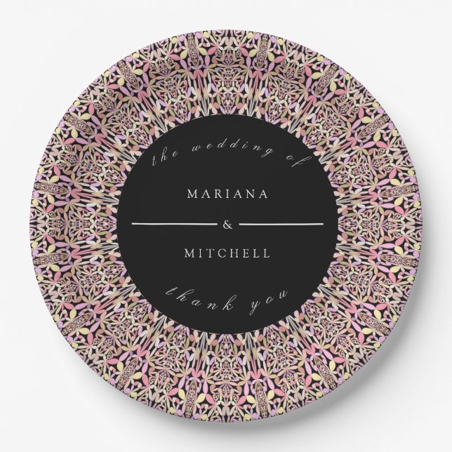 Romantic Geometric Mandala soft Pink Black  Paper Plate (Front)