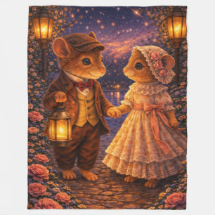 Romantic Gift Couple Night Walk Lantern Scene Fleece Blanket