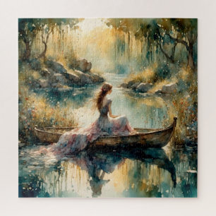 Romantic Girl in wooden boat on Lake Jigsaw Puzzle