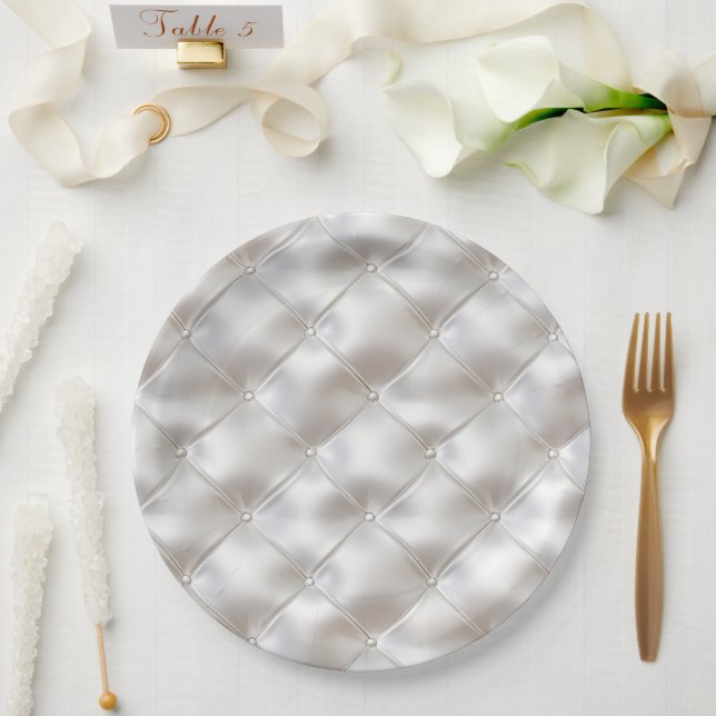 Romantic Glam White Faux Leather  Paper Plate (Wedding)