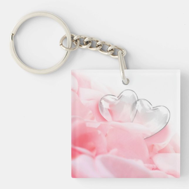 Romantic Glass Hearts Rose Petals Keychain (Front)