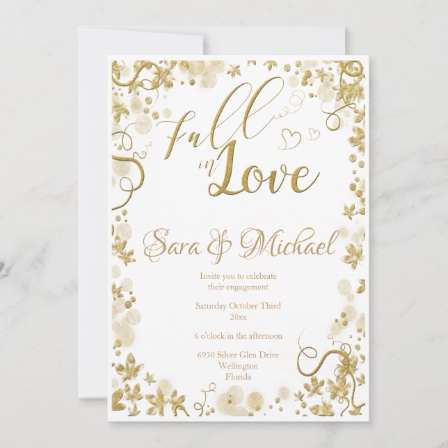 Romantic Glitter Typography Fall Leaves Engagement Invitation (Front)