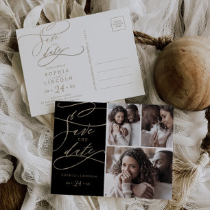 Romantic Gold and Black 3 Photo Save the Date Invitation Postcard