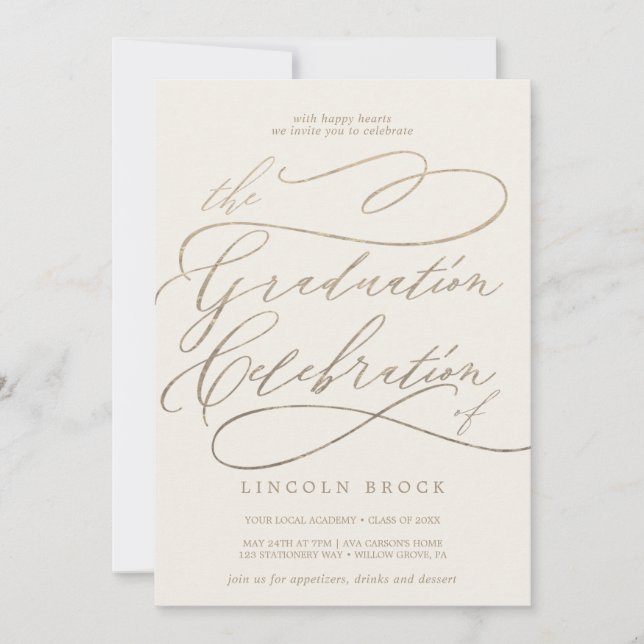 Romantic Gold and Ivory Graduation Celebration Invitation (Front)