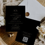 Romantic Gold Black Monogram QR Code Back Wedding Invitation<br><div class="desc">This romantic gold black monogram QR code back wedding invitation is perfect for a simple wedding. The modern classic design features fancy swirls and whimsical flourishes with gorgeous elegant hand lettered faux champagne gold foil typography. Save paper by including a QR code for your guest to view details, RSVP, or...</div>