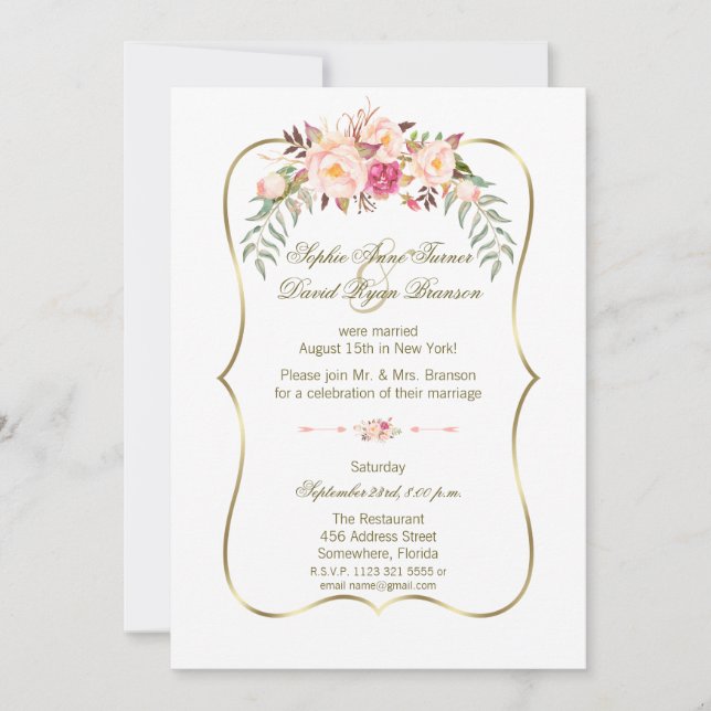 Romantic Gold Blush Pink Floral Wedding Evening Invitation (Front)