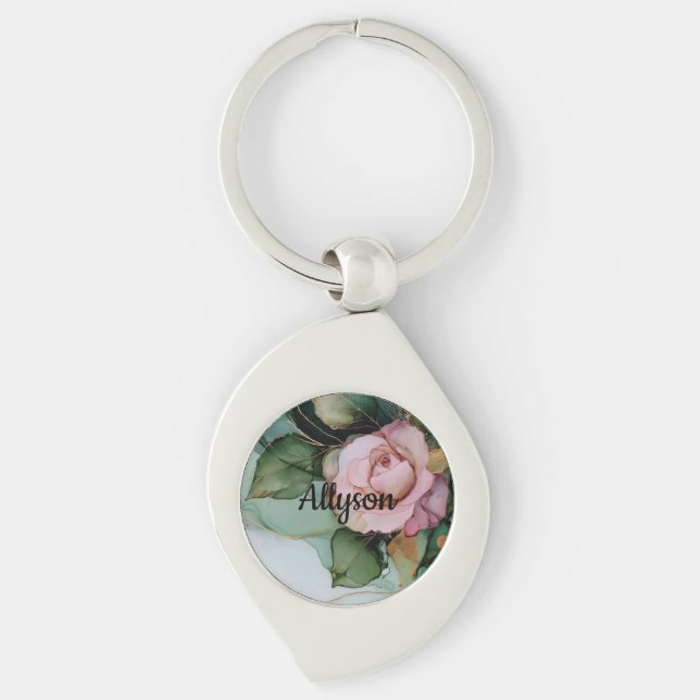 Romantic Gold Blush Pink Rose Floral Bridal shower Keychain (Front)