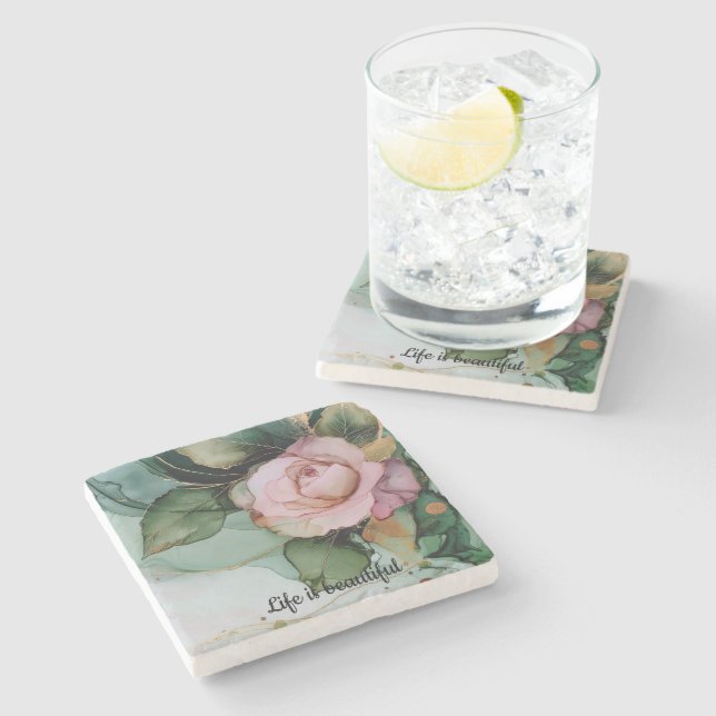 Romantic Gold Blush Pink Rose Floral Bridal shower Stone Coaster (Side)