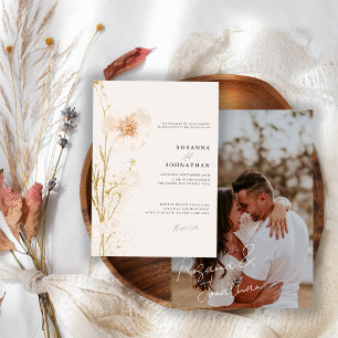 Romantic Gold & Blush Pressed Flowers Wedding  Invitation