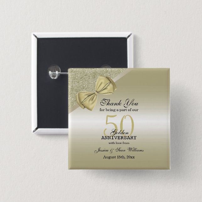 Romantic Gold Bow & Glitter 50th Wedding       2 Inch Square Button (Front & Back)