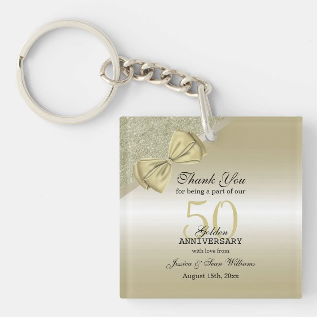 Romantic Gold Bow & Glitter 50th Wedding       Keychain (Front)