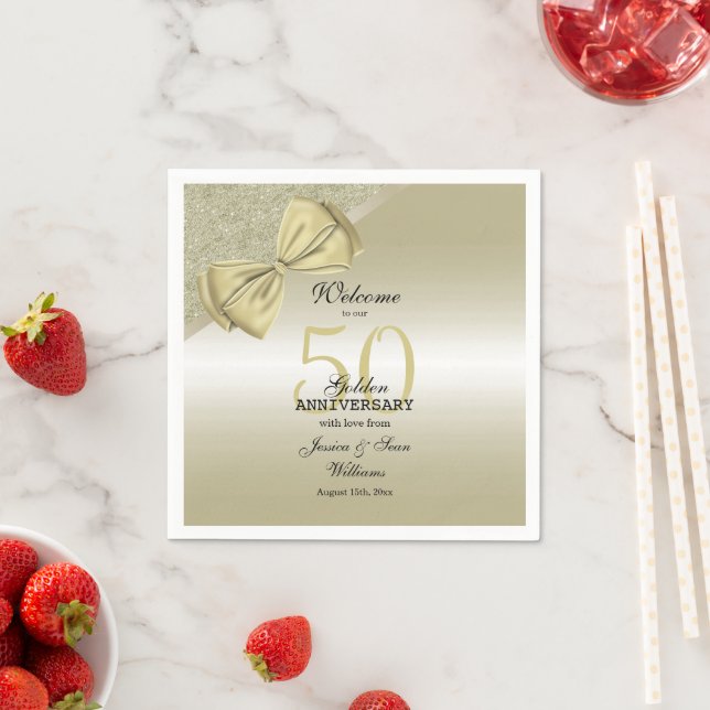 Romantic Gold Bow & Glitter 50th Wedding   Napkin (Insitu)