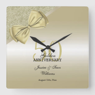 Romantic Gold Bow & Glitter 50th Wedding    Square Wall Clock