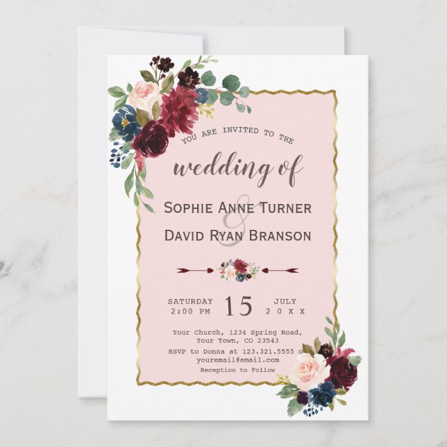 Romantic Gold Burgundy Navy Blue Floral Wedding Invitation (Front)
