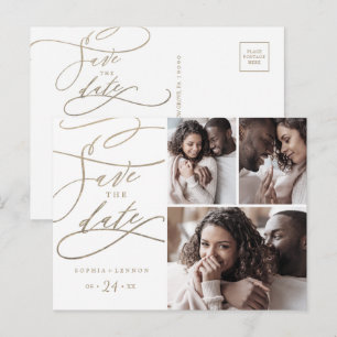 Romantic Gold Calligraphy 3 Photo Save the Date Invitation Postcard