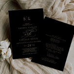 Romantic Gold Calligraphy Black All In One Wedding Invitation<br><div class="desc">This romantic gold calligraphy black all in one wedding invitation is perfect for a simple wedding. The modern classic design features fancy swirls and whimsical flourishes with gorgeous elegant hand lettered faux champagne gold foil typography. Save paper by including the details on the back of the wedding invitation instead of...</div>