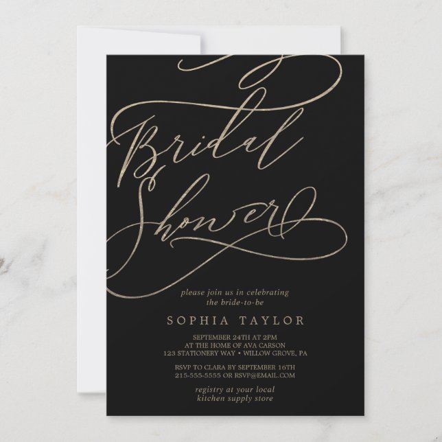 Romantic Gold Calligraphy | Black Bridal Shower Invitation (Front)