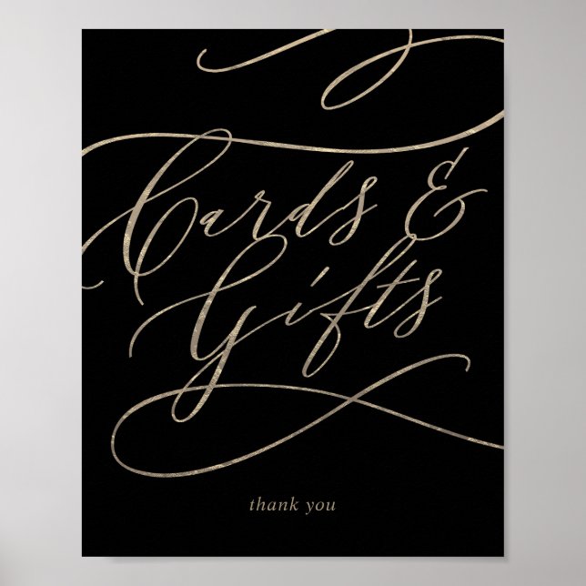 Romantic Gold Calligraphy Black Cards & Gifts Sign (Front)
