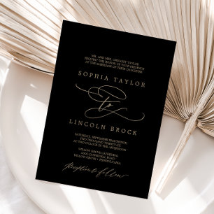 Romantic Gold Calligraphy   Black Formal Wedding Invitation