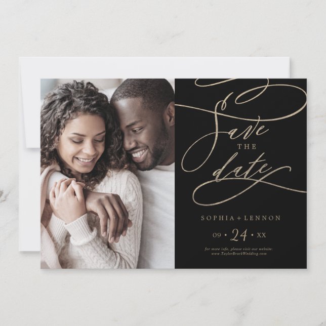 Romantic Gold Calligraphy | Black Photo Save The Date (Front)
