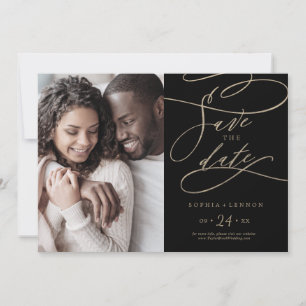 Romantic Gold Calligraphy Black Photo Save The Date