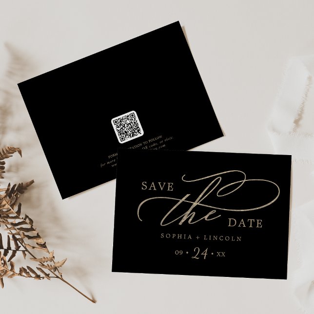 Romantic Gold Calligraphy Black QR Code Horizontal Save The Date (Creator Uploaded)