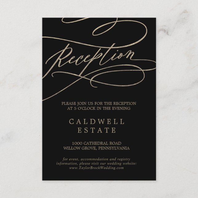 Romantic Gold Calligraphy | Black Reception Enclosure Card (Front)