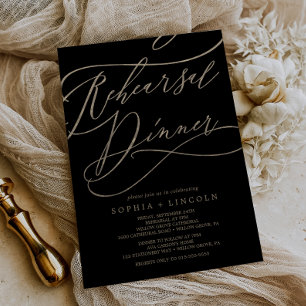 Romantic Gold Calligraphy Black Rehearsal Dinner Invitation