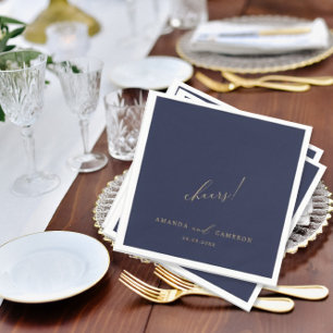 Romantic Gold Calligraphy "Cheers" Navy Blue Napkin