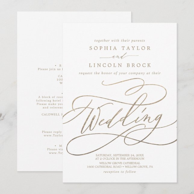 Romantic Gold Calligraphy Details on Back Wedding Invitation (Front/Back)