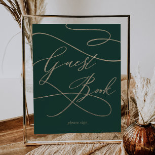 Romantic Gold Calligraphy Green Guest Book Sign