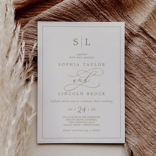 Romantic Gold Calligraphy | Ivory Monogram Wedding Invitation (Creator Uploaded)