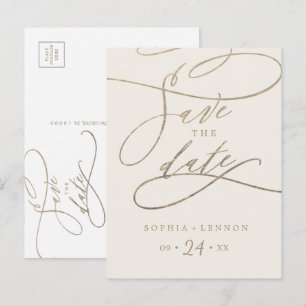 Romantic Gold Calligraphy   Ivory Save the Date Invitation Postcard