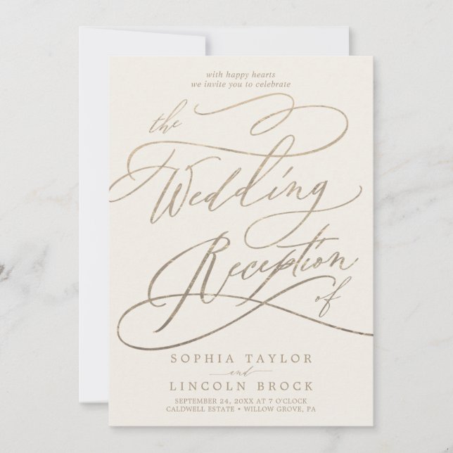 Romantic Gold Calligraphy Ivory Wedding Reception Invitation (Front)